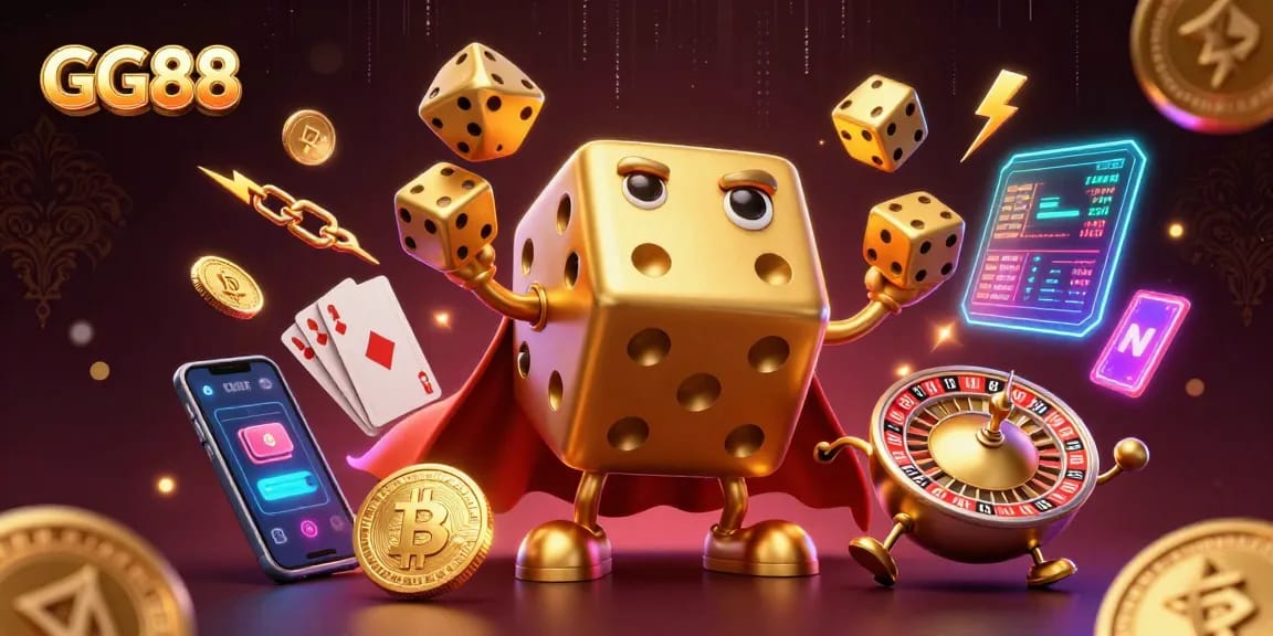Experience thrilling wins at GG88 with vibrant 3D dice and crypto elements in an electrifying scene.