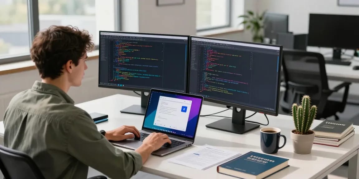 Focused technician coding on dual screens in a modern office, showcasing 纸飞机中文版 interface amidst a vibrant workspace.