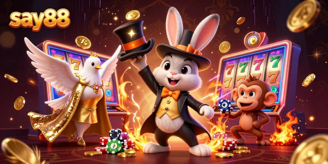 Experience the thrill of say88 slots with a magician rabbit, a dove assistant, and poker chips.