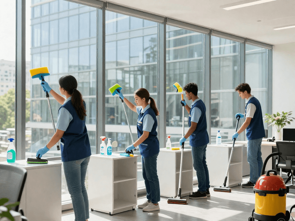 Professionelle Gebäudereinigung Dortmund, Team bei der Fensterreinigung mit hochwertigen Reinigungsmitteln.