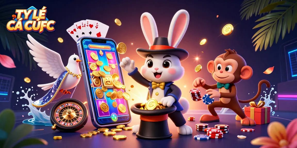 Experience captivating TỶ LỆ CÁ CƯỢC magic with a rabbit pulling coins and a dazzling gambling scene.