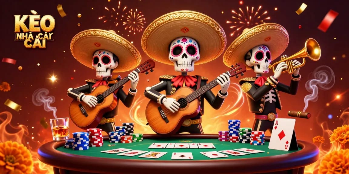 KÈO NHÀ CÁI showcases a vibrant scene with a mariachi band amidst poker elements, capturing the thrill of gaming.