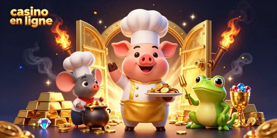 Casino en ligne : le chef cochon et ses joyaux attirent les parieurs sur cette illustration ludique.
