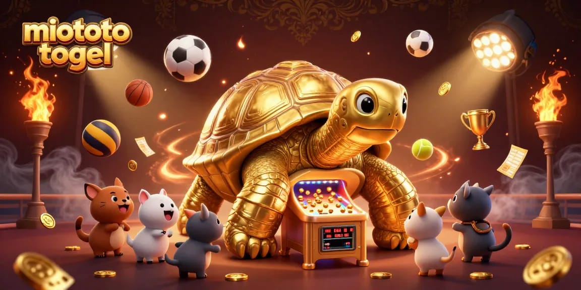 Engage with miototo togel in this vibrant illustration featuring a colossal tortoise pinball machine surrounded by excited animals.