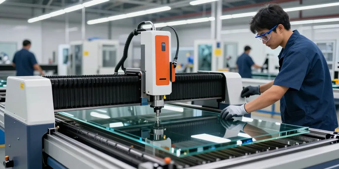 Technician using a glass cutting machine in a modern processing facility.