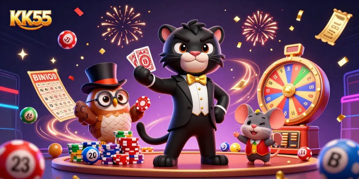 Engage in thrilling casino fun with KK55 featuring a panther dealer, owl with poker chips, and lucky mouse!