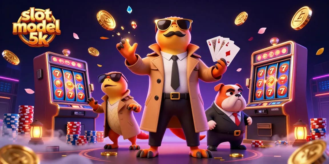 Engage in thrilling slot modal 5k gaming with raptors disguised as a tall player, evading a bulldog bouncer in a vibrant casino.