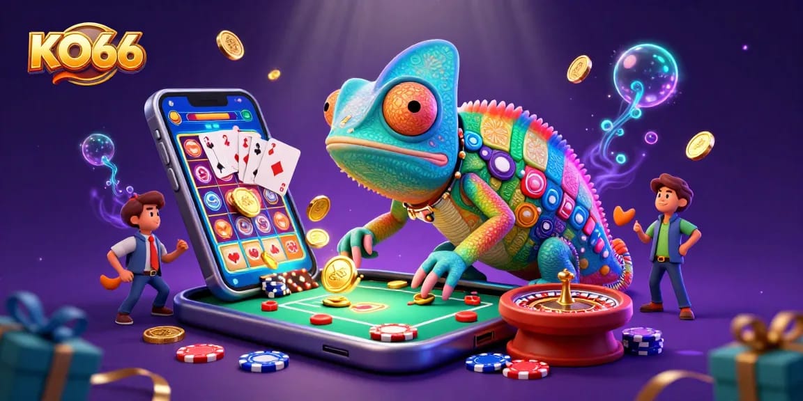 Engage with KO66 in a vibrant, dynamic casino scene full of games and excitement.