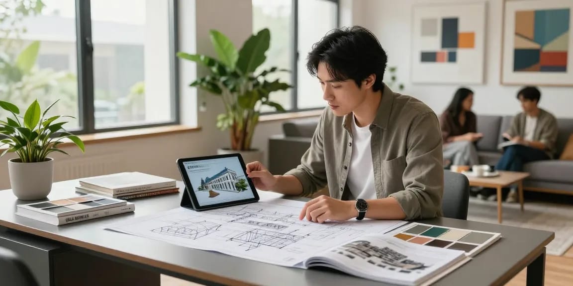 Architect reviewing designs in a modern office, showcasing รับออกแบบบ้าน service with creative elements.