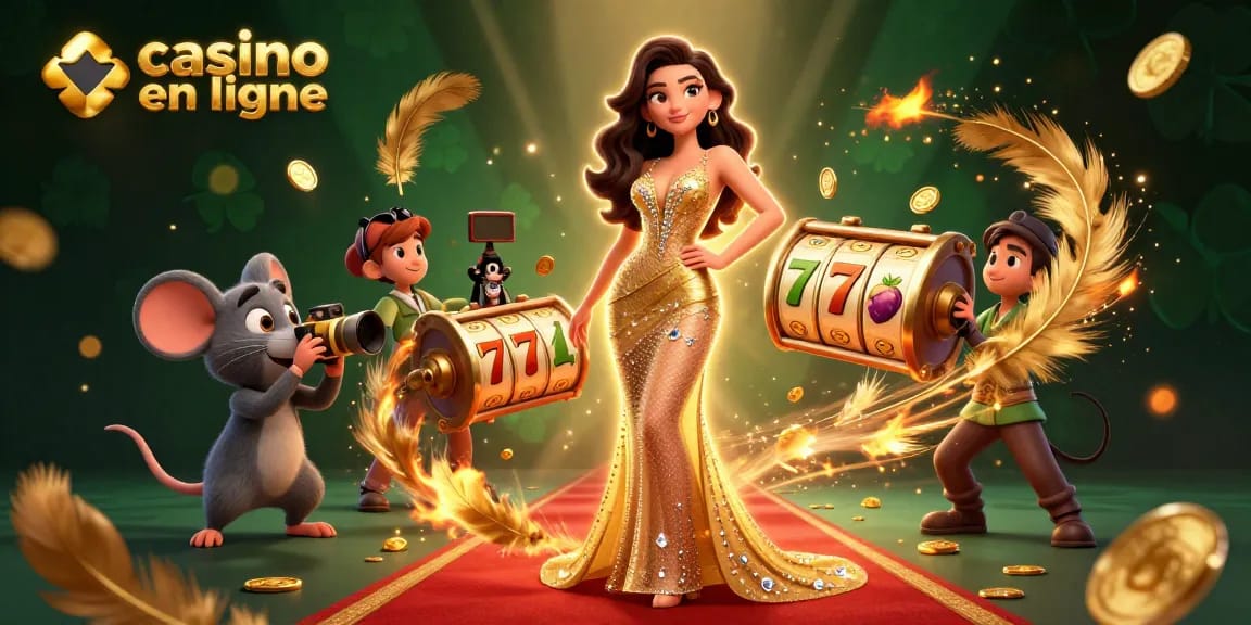 Vivez l'excitation du casino en ligne avec une scène glamour mêlant une femme magnifique, une souris dorée et des éléments de jeu captivants.