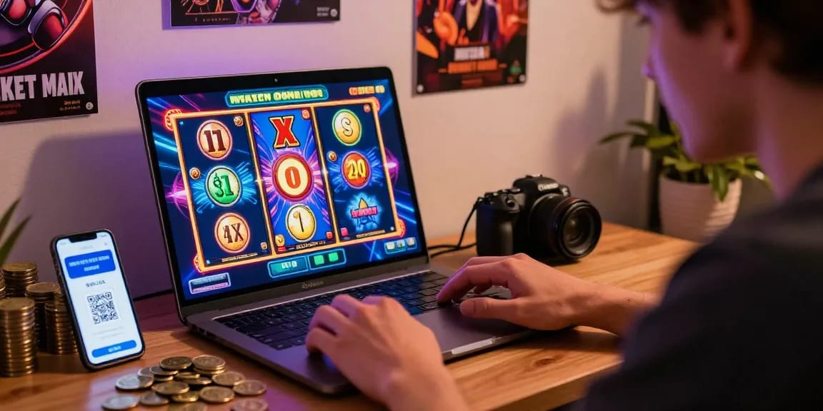 Winning at a slot deposit 5k game on a laptop with colorful graphics and QRIS payment displayed.