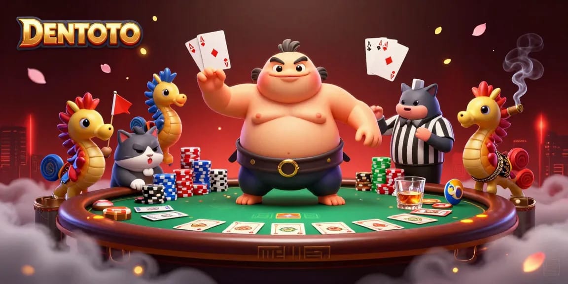 DENTOTO features a lively underwater poker scene with a cartoon fugu, referee catfish, and waving seahorses.