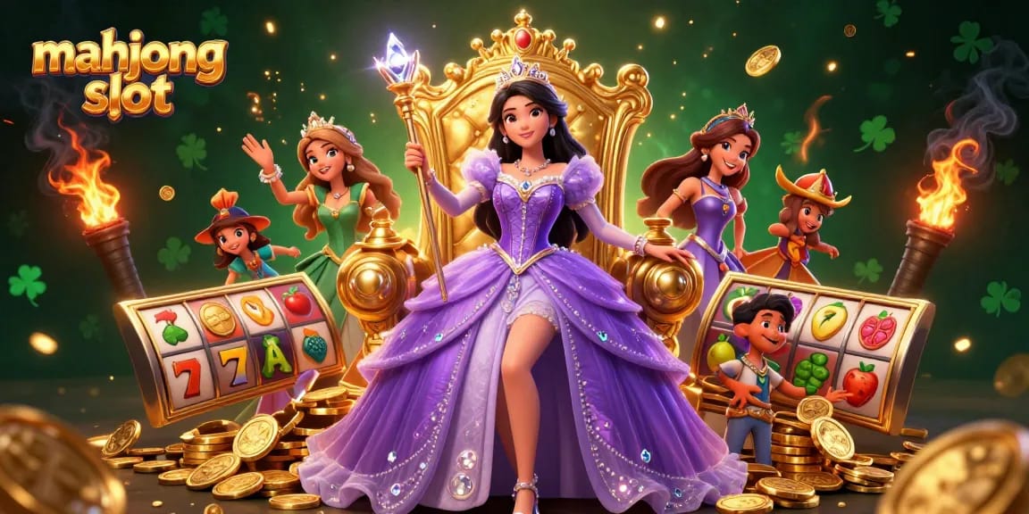 Spin the mahjong slot as a beautiful woman, dressed in royal attire, enjoys a winning moment.