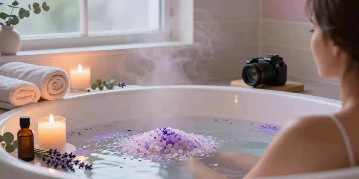 Relaxing spa scene showcasing Ivory Wave Ultra bath salts for a soothing bath experience.