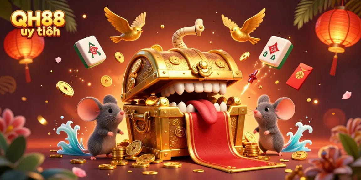 Experience the excitement of QH88 uy tín as golden treasures lure adventurous players amidst vibrant casino elements.