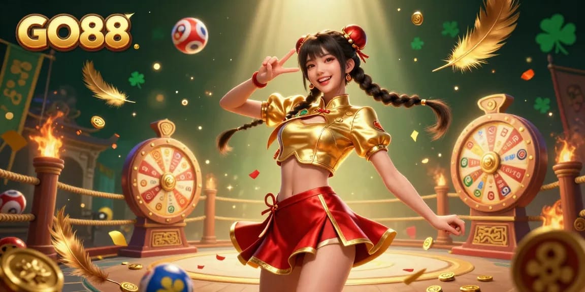 Engage in epic wins at GO88 with a vibrant female dealer among colorful game symbols.