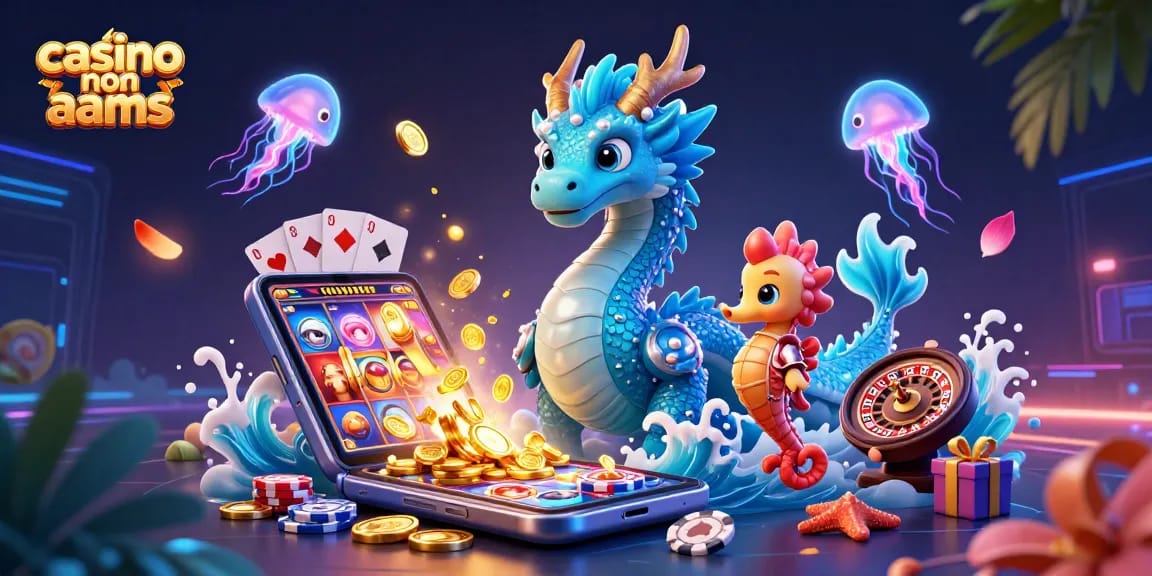 Vivi brividi al casino non AAMS con un vivace drago, un cavaliere cavalluccio marino e elementi di casinò.
