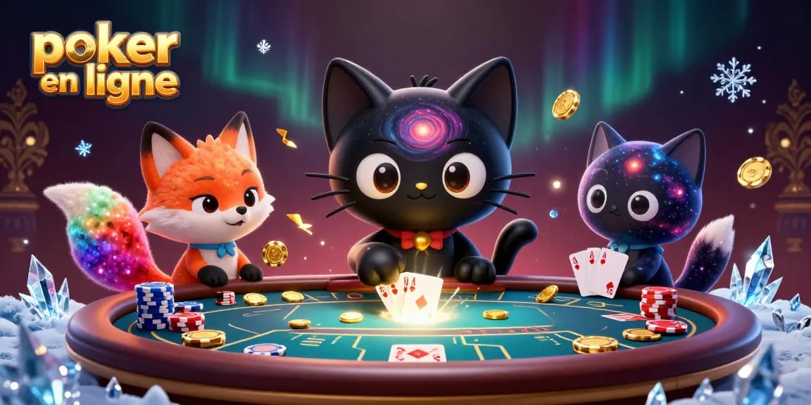 Jouez au poker en ligne avec des personnages dynamiques attirant des jetons d'or et des cartes colorées.