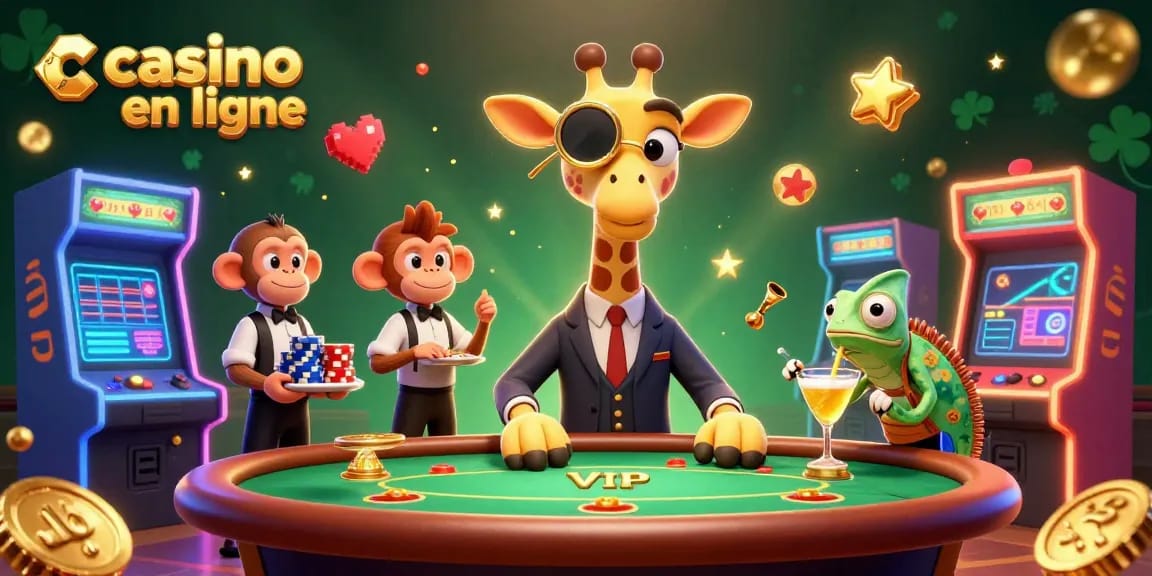 Vivez l'expérience du casino en ligne avec une illustration 3D dynamique de jeux et personnages captivants.