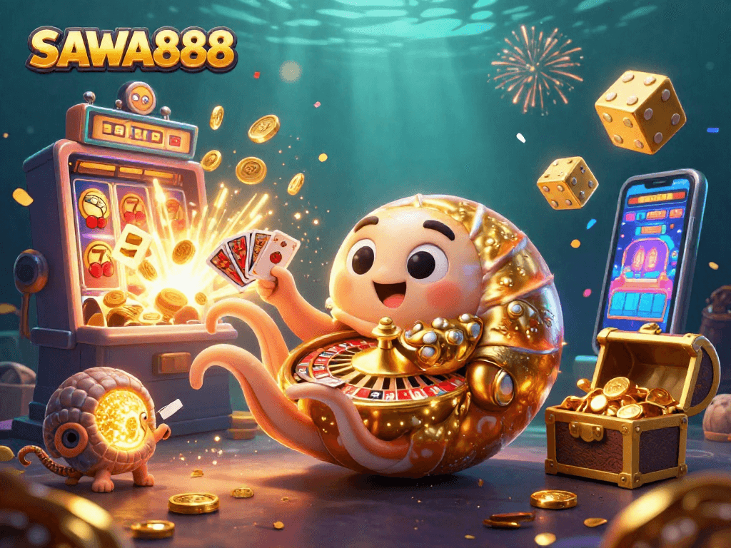 SAWA888 showcases a stunning 3D illustration of an ancient nautilus and ammonites celebrating jackpots and rewards.