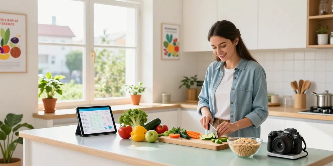 Nutritionist demonstrating healthy meal prep using the best calorie tracker in a modern kitchen.