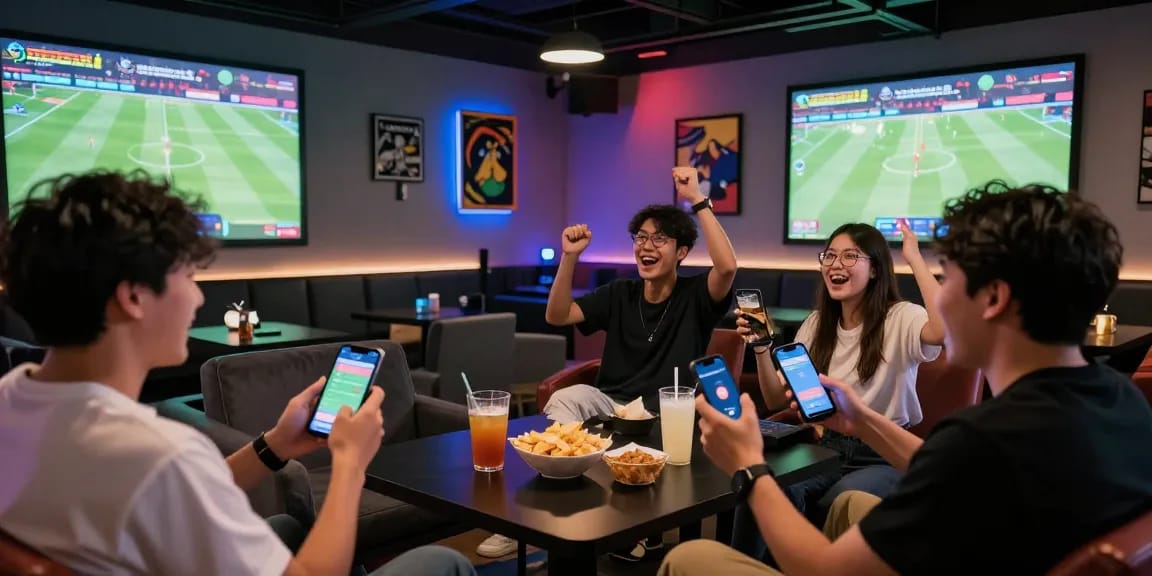 Friends enjoying 토토사이트 betting in a vibrant gaming lounge with live sports atmosphere.