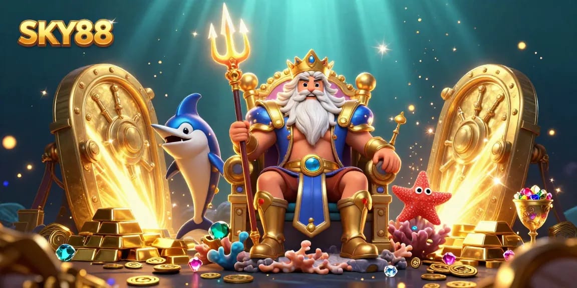 Engage with SKY88's thrilling underwater casino experience showcasing treasures and adventure.