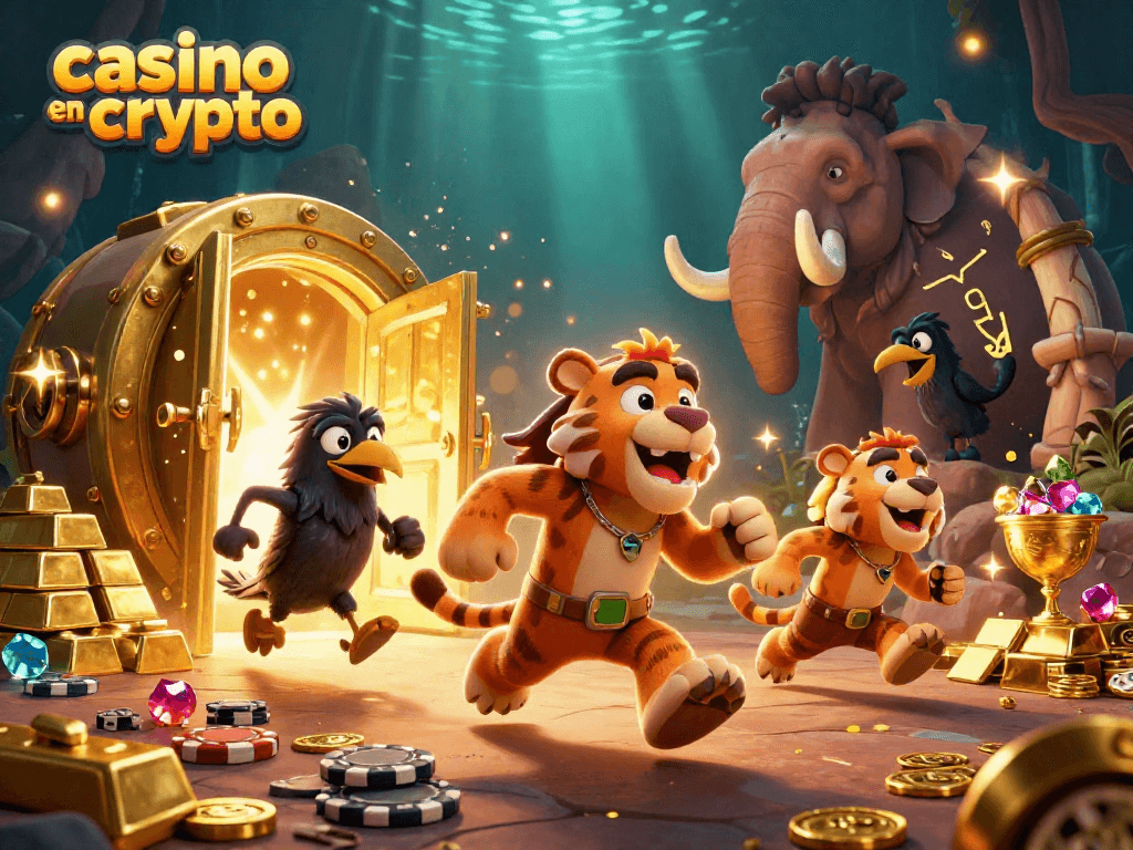 Jouez au casino en crypto avec des personnages animés autour d'une machine à sous colorée.