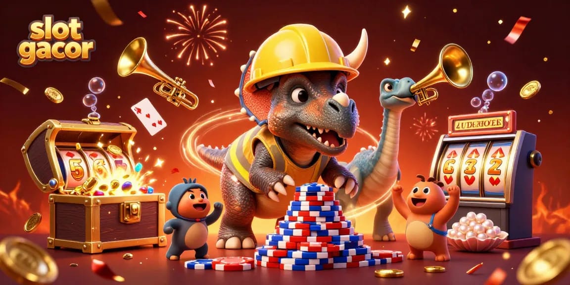 Catch slot gacor excitement with cheerful dinosaurs celebrating a jackpot in a vibrant casino scene.