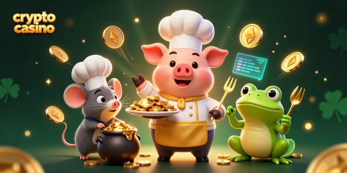Profitez d'une expérience dans un crypto casino avec des personnages animés et des motifs de jeux.