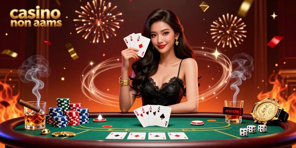 Scopri l'emozione dei casino non aams con carte eleganti e elementi di poker vivaci in una scena ricca.