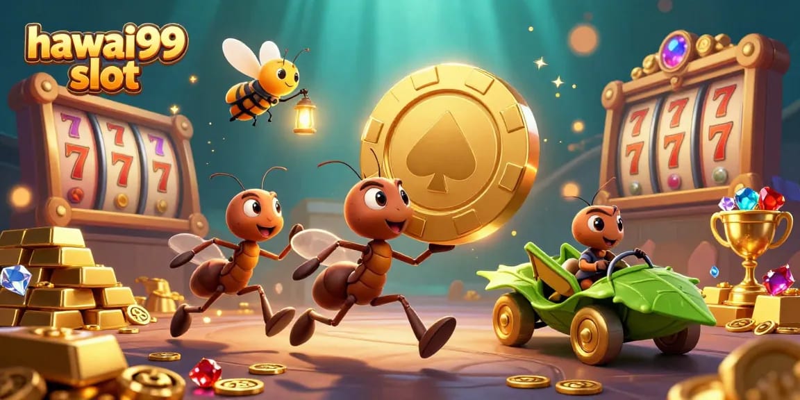 Experience the hawai99 slot excitement with a dynamic heist scene featuring ants and casino elements.