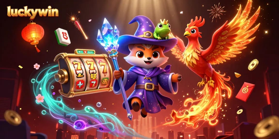 Spin and win with luckywin in this vibrant casino-themed fantasy illustration.