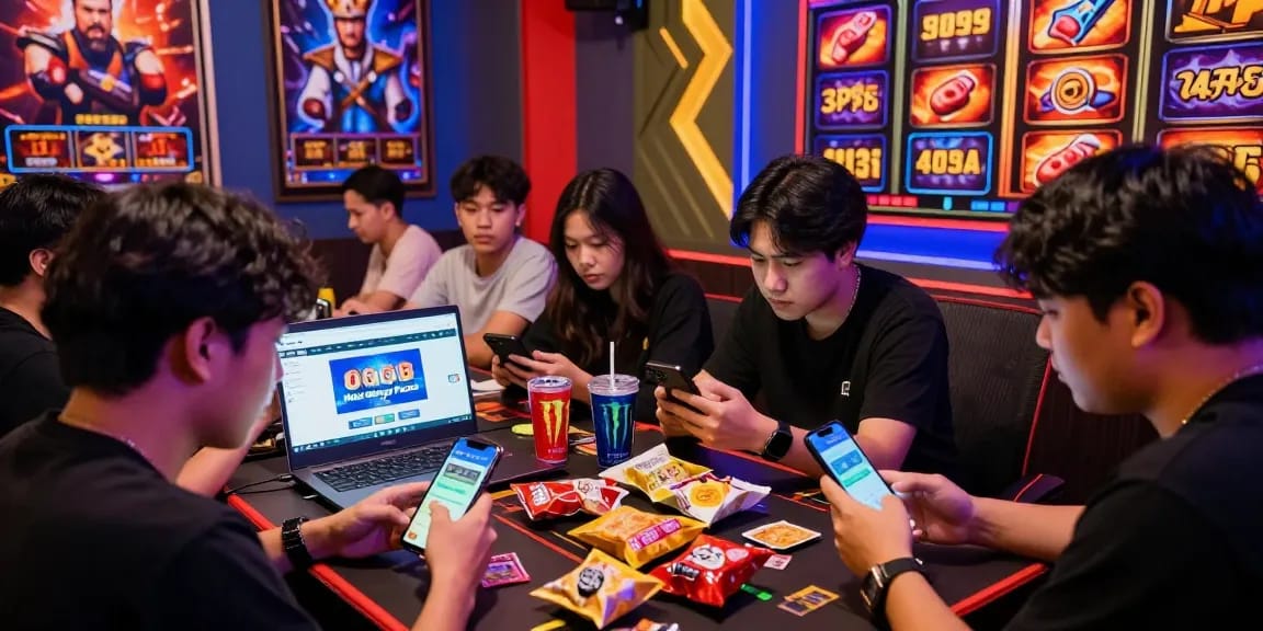 Exciting gaming atmosphere showcasing players exploring deposit pulsa tanpa potongan options on smartphones, illuminated by LED lights.