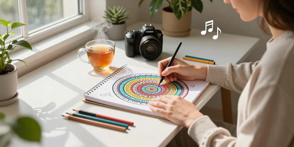 Engaging in coloring for stress relief in a cozy art studio with warm lighting and relaxing atmosphere.