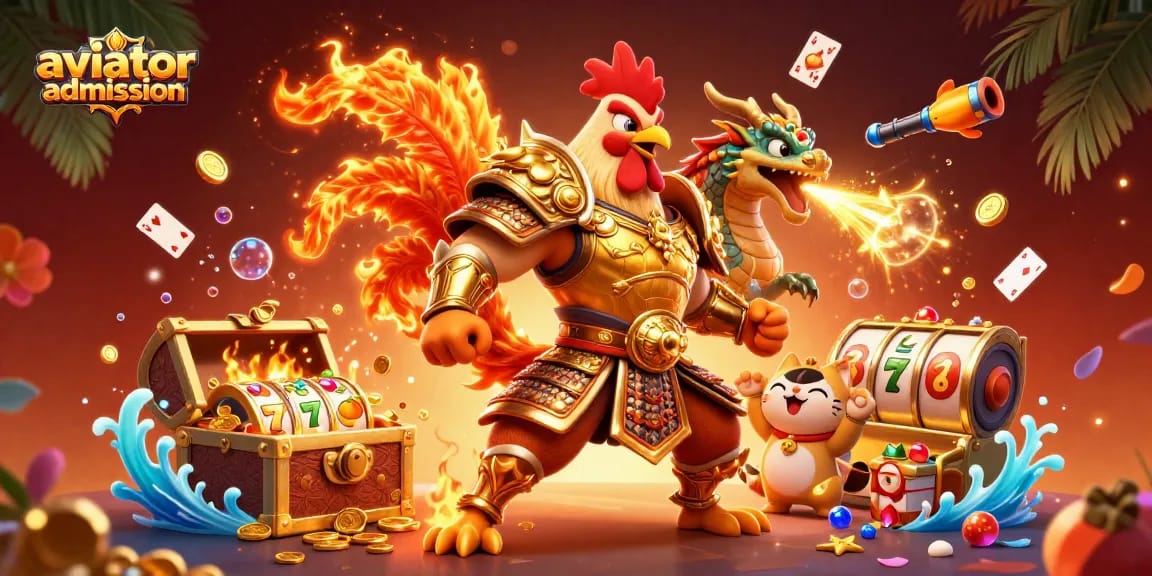 Aviator admission graphic featuring a rooster warrior and dragon amidst casino elements in a vibrant scene
