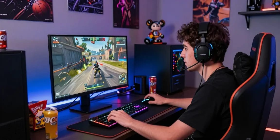Player engaging intensely in PROOFCORE.IO gaming cheat environment with high-tech gear.