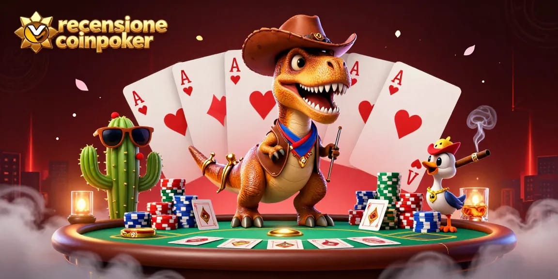 Recensione CoinPoker: Esplora il poker online con T-Rex e amici sul tavolo da gioco.