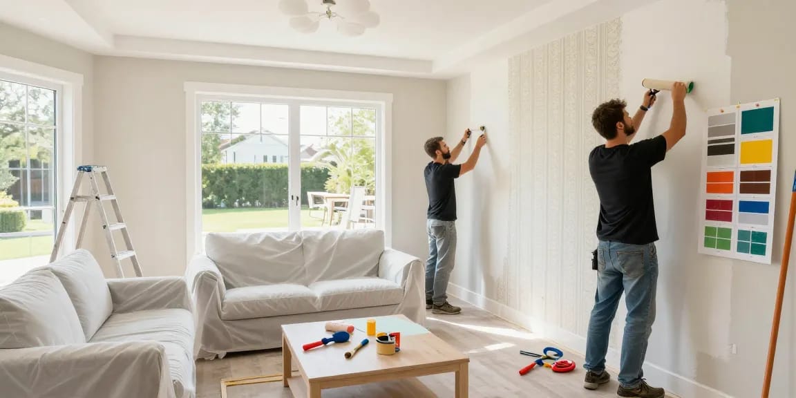 Renovation process showcasing skilled craftsmen transforming a modern living room with fresh paint and wallpaper.