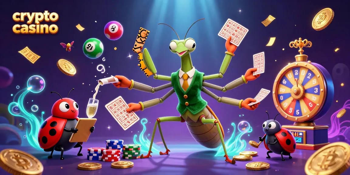 Jouer dans un crypto casino avec des cartes et des jetons parmi des éléments de jeu dynamiques et colorés.