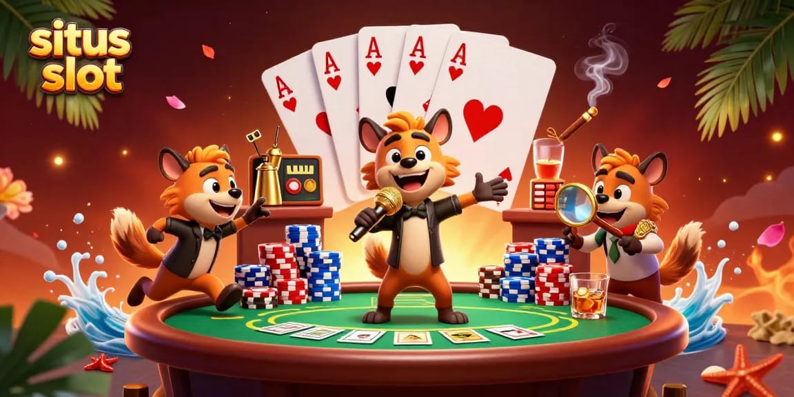 Experience exciting moments at situs slot with lively hyenas in a dynamic casino scene.