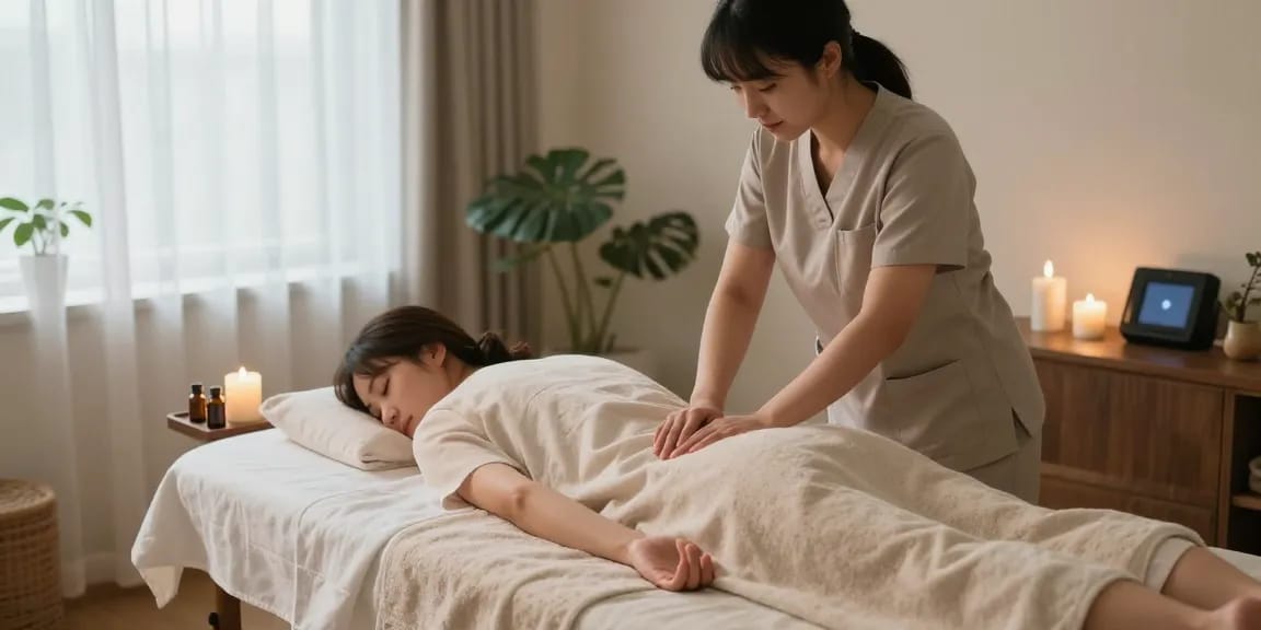 강남출장안마를 받으면서 편안한 환경에서 이완하는 모습.