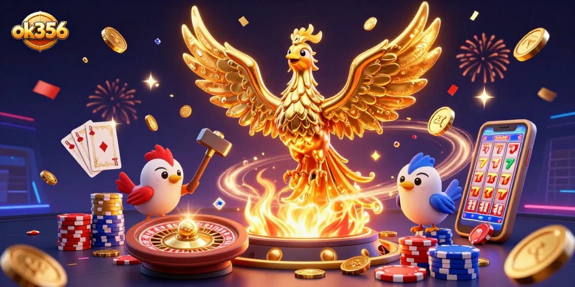 Experience the thrill of ok356 as the golden phoenix emerges, surrounded by casino gems and action.