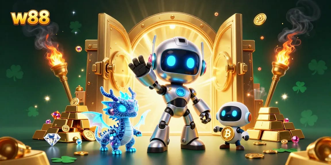 Người chơi cá cược tại w88 với robot và rồng AI trong không gian huyền ảo đầy vàng và đá quý.