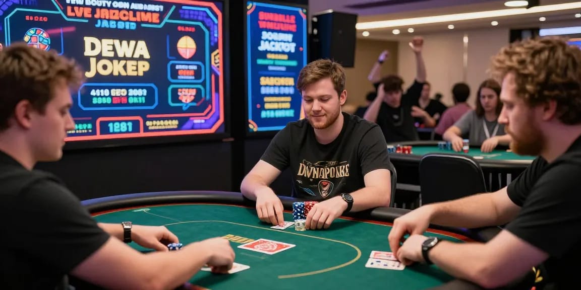 Dewapoker Live Jackpot vibrant online poker scene with players engaged at virtual tables.