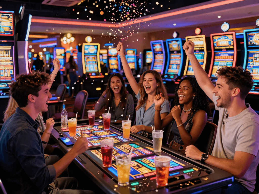 Group celebrating a big win at a slot gacor machine in a lively casino.