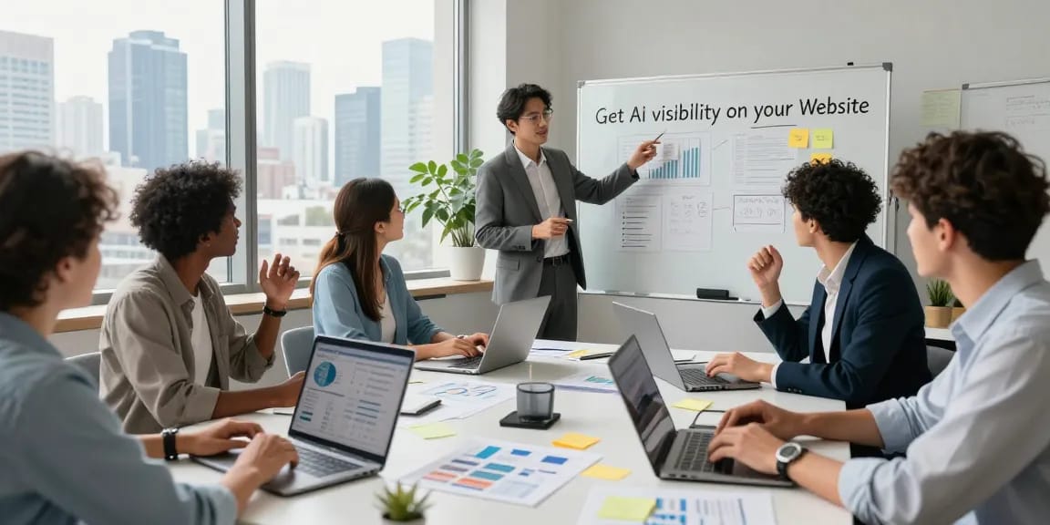 Team collaborating to Get Ai visibility on your website in a modern office setting.