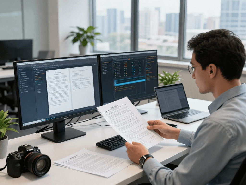 Analyst performing document fraud detection using advanced software tools in a modern office setting