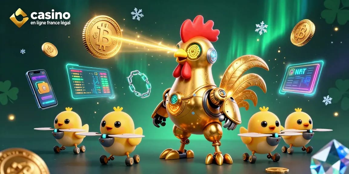 Illustration dynamique de casino en ligne France légal avec un robot coq futuriste et des pièces de crypto-monnaie en 3D.