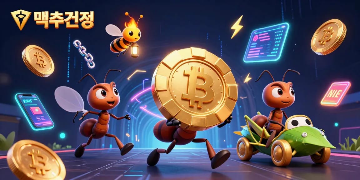 안전한 먹튀검증을 위해 3D 만화식 개미 팀이 금색 포커 칩을 운반하는 모습